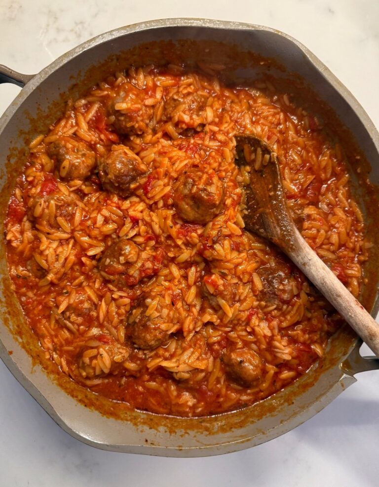 One-pan meatballs with orzo pasta in tomato sauce