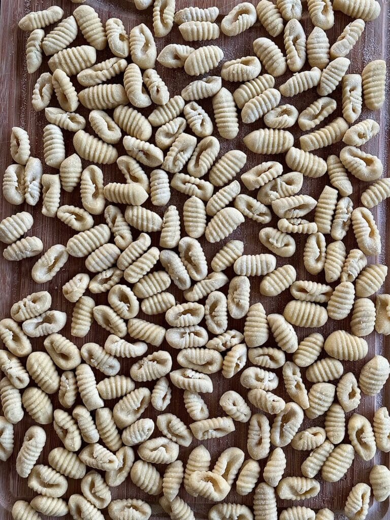 Homemade gnocchi sardi pasta on wooden board